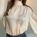 Blouse Satin Blanc Manches Bouffantes - Vignette | Création Satin