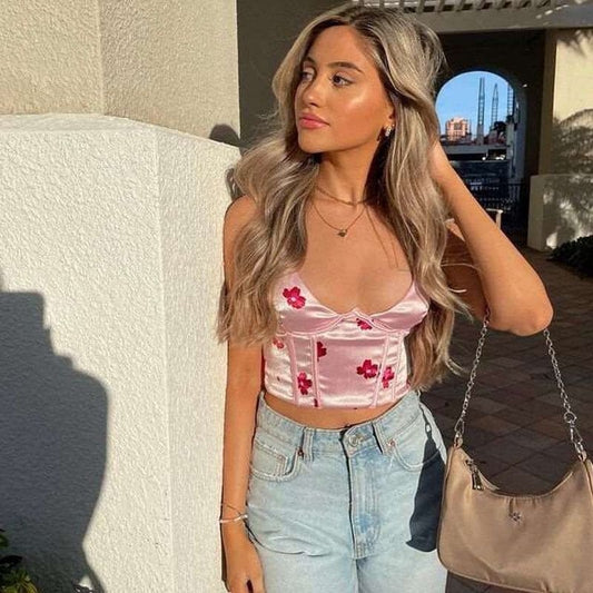 Crop Top en Satin Fleuri rose