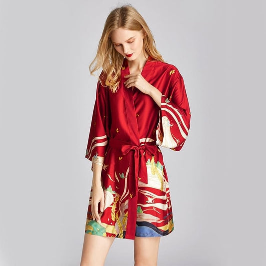 Kimono Imprimé Japonais Rouge Satin.
