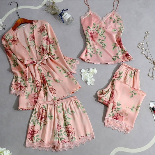 Ensemble Pyjama Satin Rose Imprimé Fleuri.