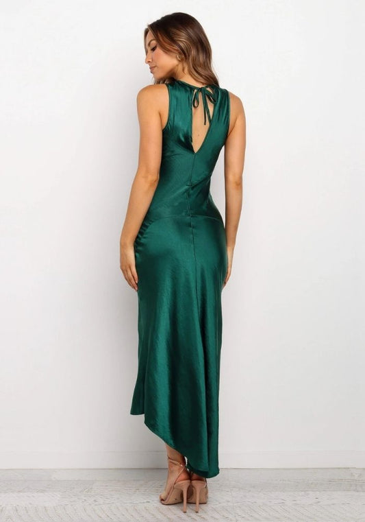 Robe Satin Longue Verte Fendue
