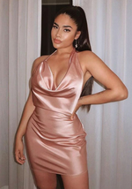 Robe Satin Rose Gold Asymétrique - Vignette | Création Satin