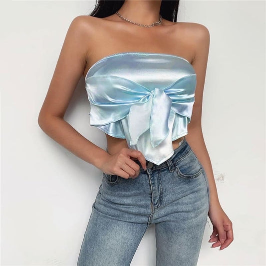 Crop Top Satin Bleu Imprimé Tie And Dye.