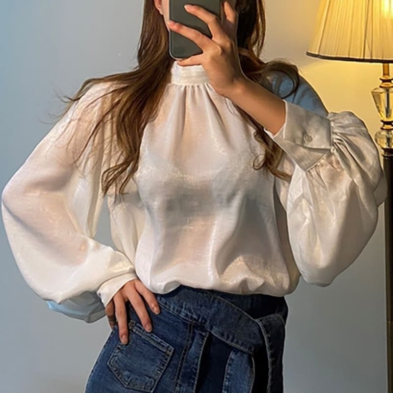 Blouse Satin Blanc Manches Bouffantes