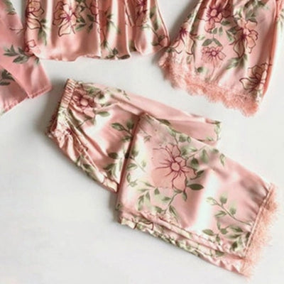 Ensemble Pyjama Satin Rose Motif Fleuri.