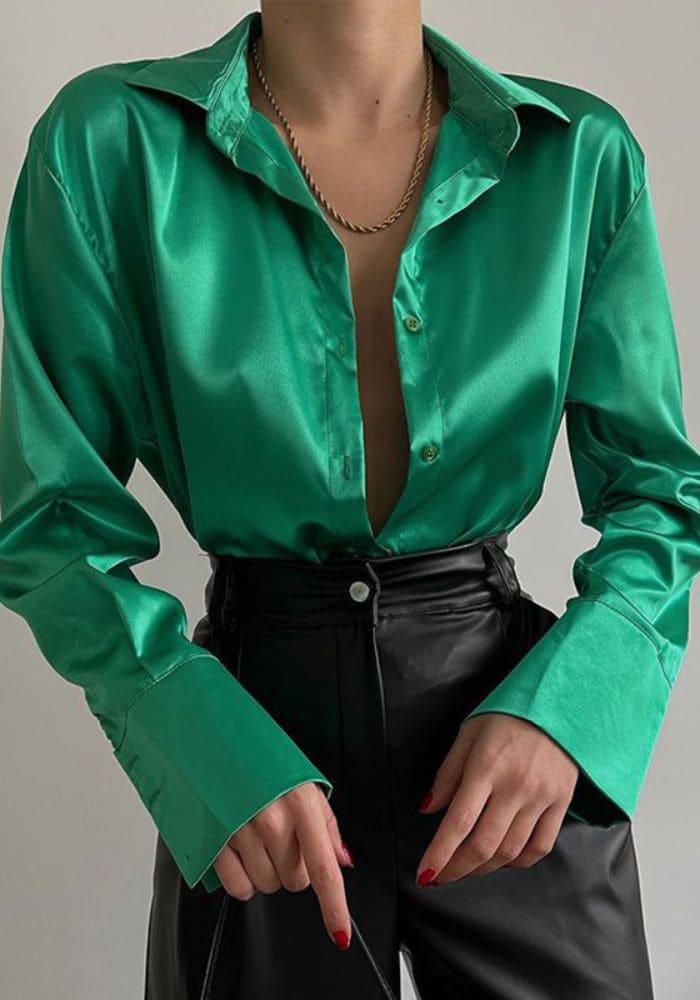 Chemisier Satin Vert Imprimé | Création Satin Chemisier Satin Vert Imprimé | Création Satin