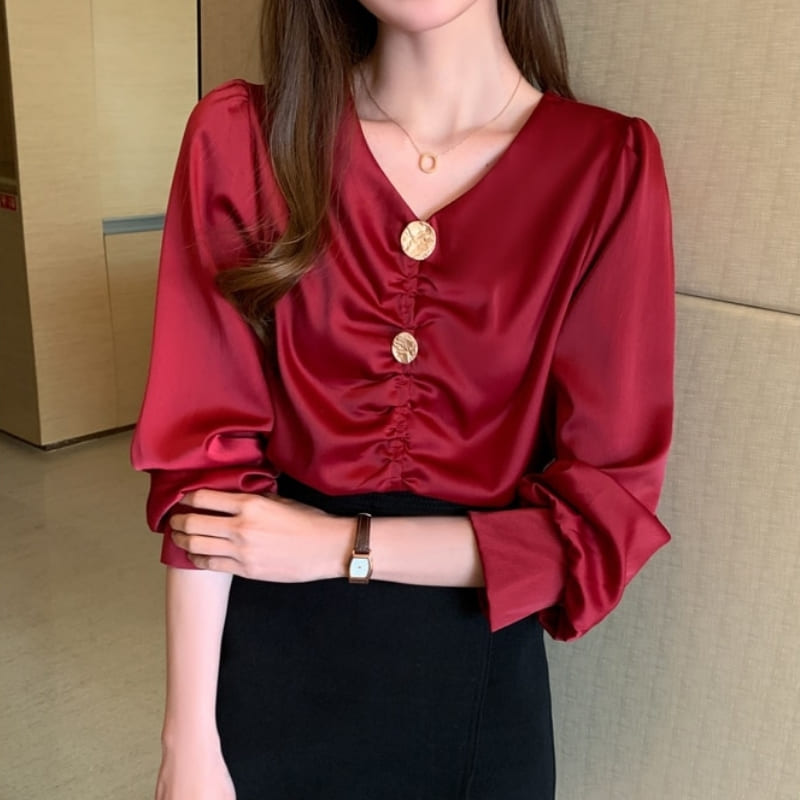 Blouse Satin Rouge Froncée Femme.