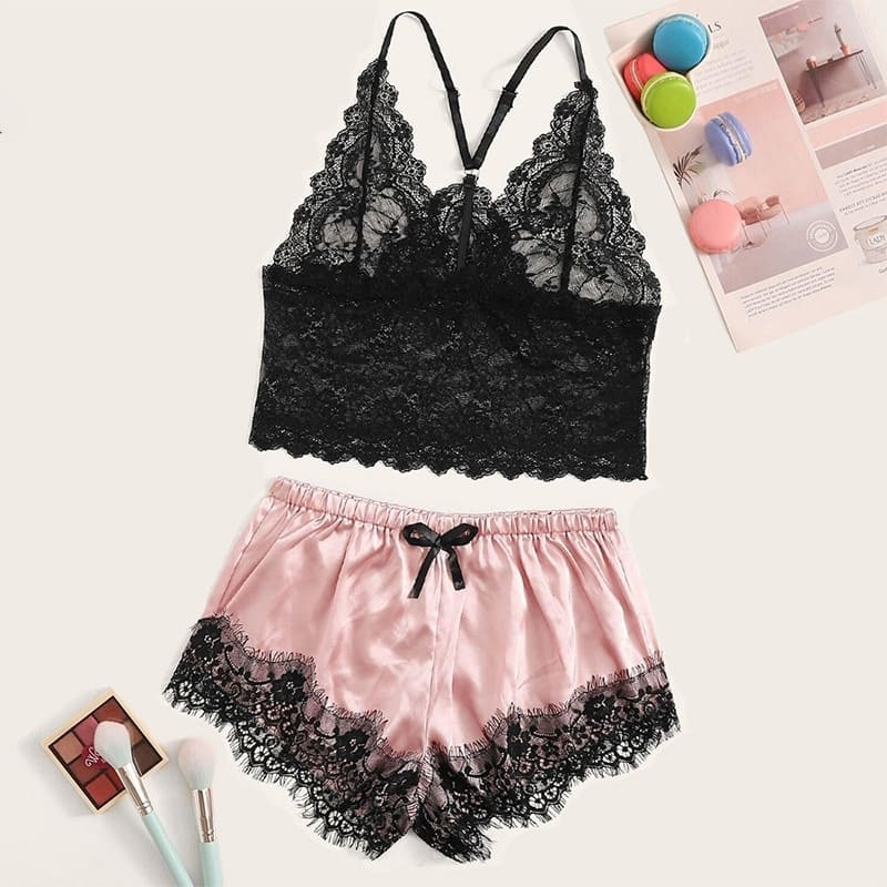 Pyjama Satin Rose Dentelle.