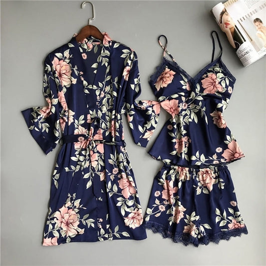 Ensemble Pyjama Satin Femme Bleu Marine Imprimé Fleuri.