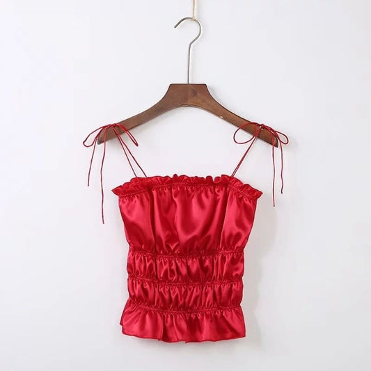 Débardeur Satin Rouge Effet Bouffant.