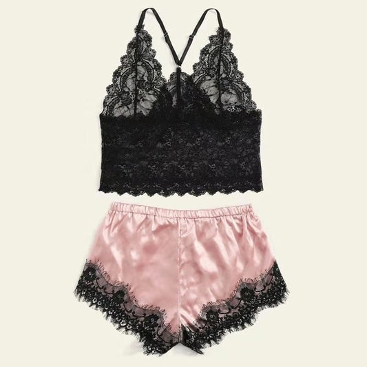Pyjama Satin Rose Avec Dentelle.