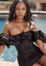 Robe Satin Noire Volants - DESTOCKAGE - Vignette | Création Satin
