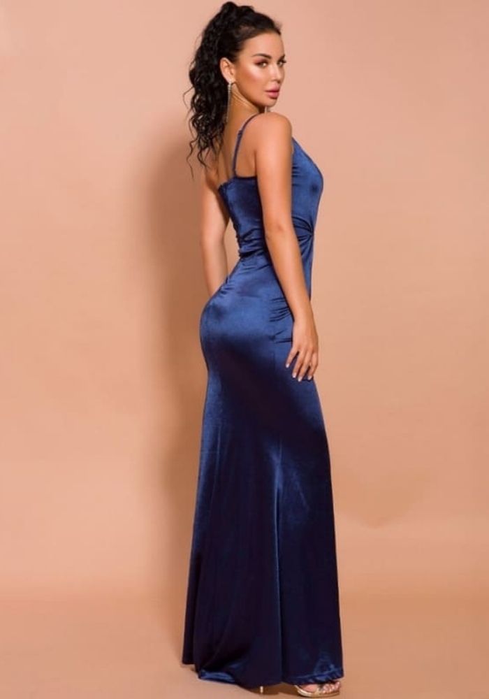 Robe Satin Bleue Asymétrique