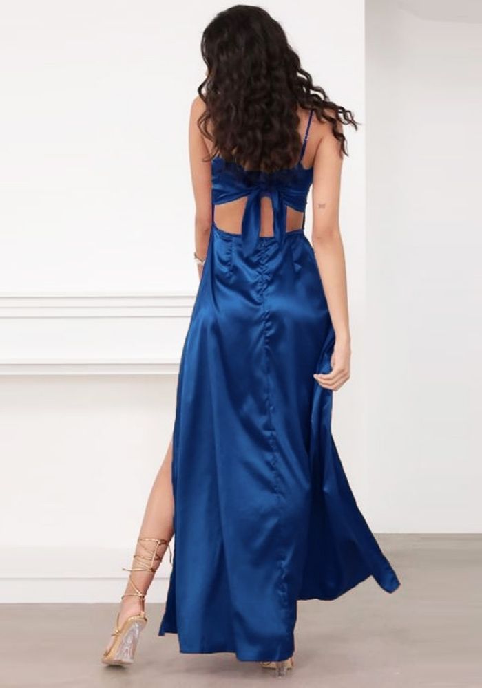 Robe Longue Satin Bleue Marine