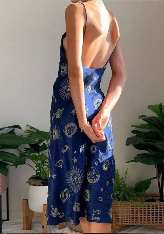 Robe Satin Bleue Imprimé