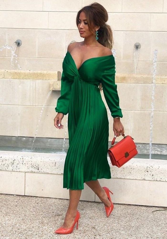 Robe Longue Verte Satin Plissée Création Satin - Main Image