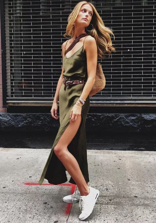 Robe Satin Vert Olive Longue