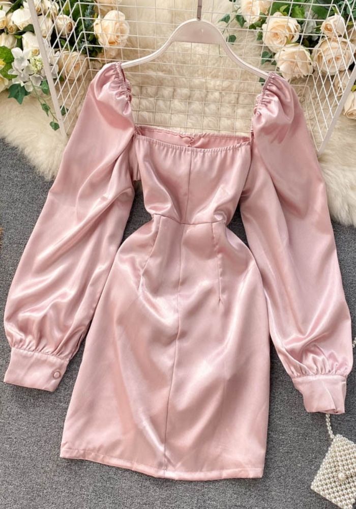 Robe Satin Rose Manches