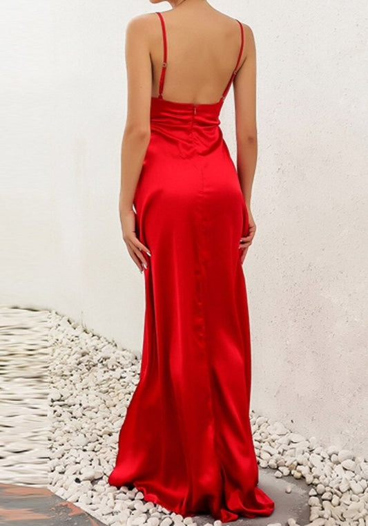 Robe Satin Rouge Longue Glamour