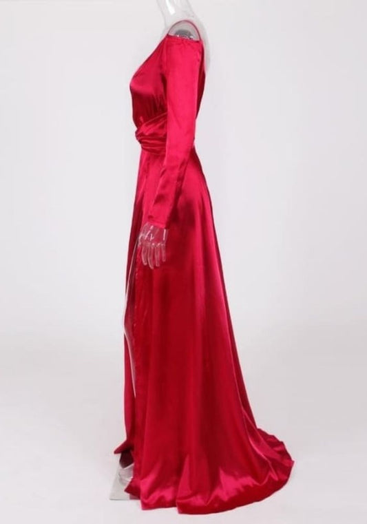Robe Satin Rouge Manche Longue
