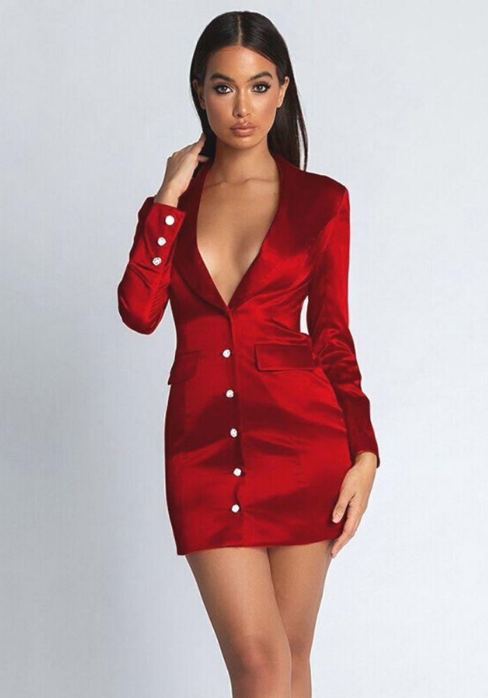 Robe Satin Rouge Courte Blazer