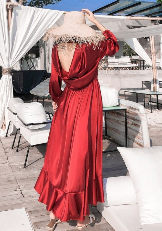 Robe Satin Rouge Longue Fendue