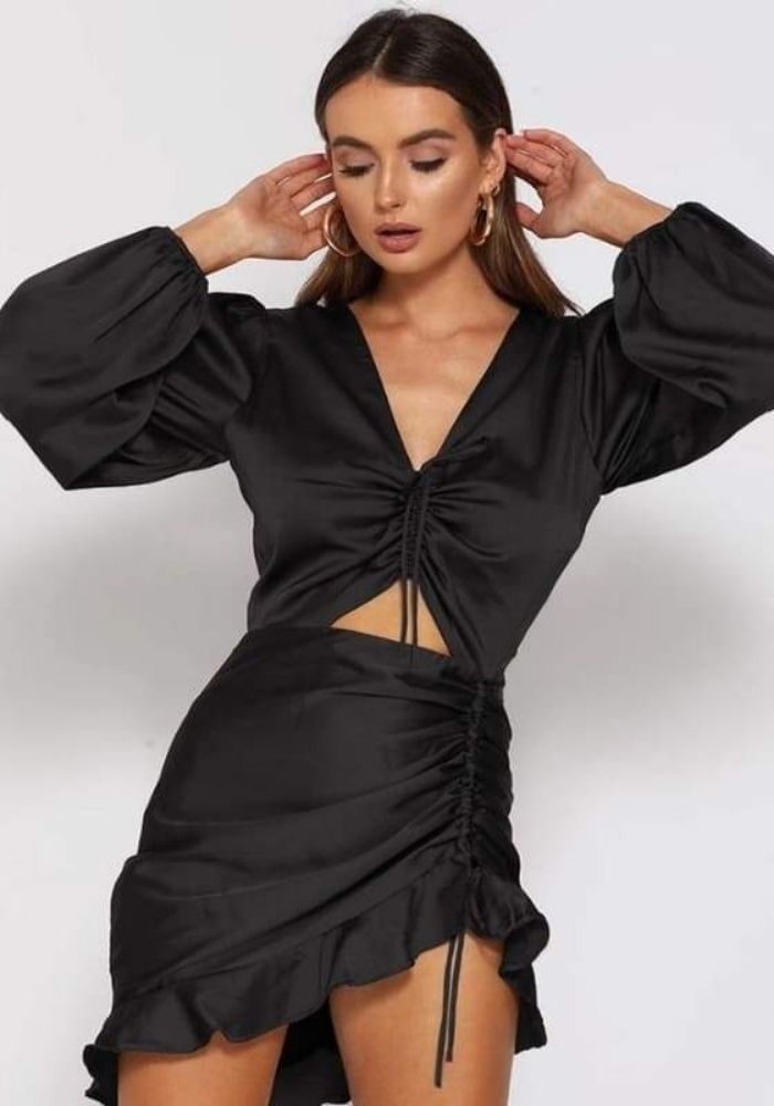 Robe Satin Manche Longue Noire